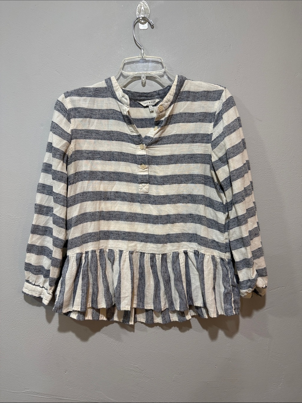 Lucky Brand Blue & Cream Striped Peplum Henley Top size small